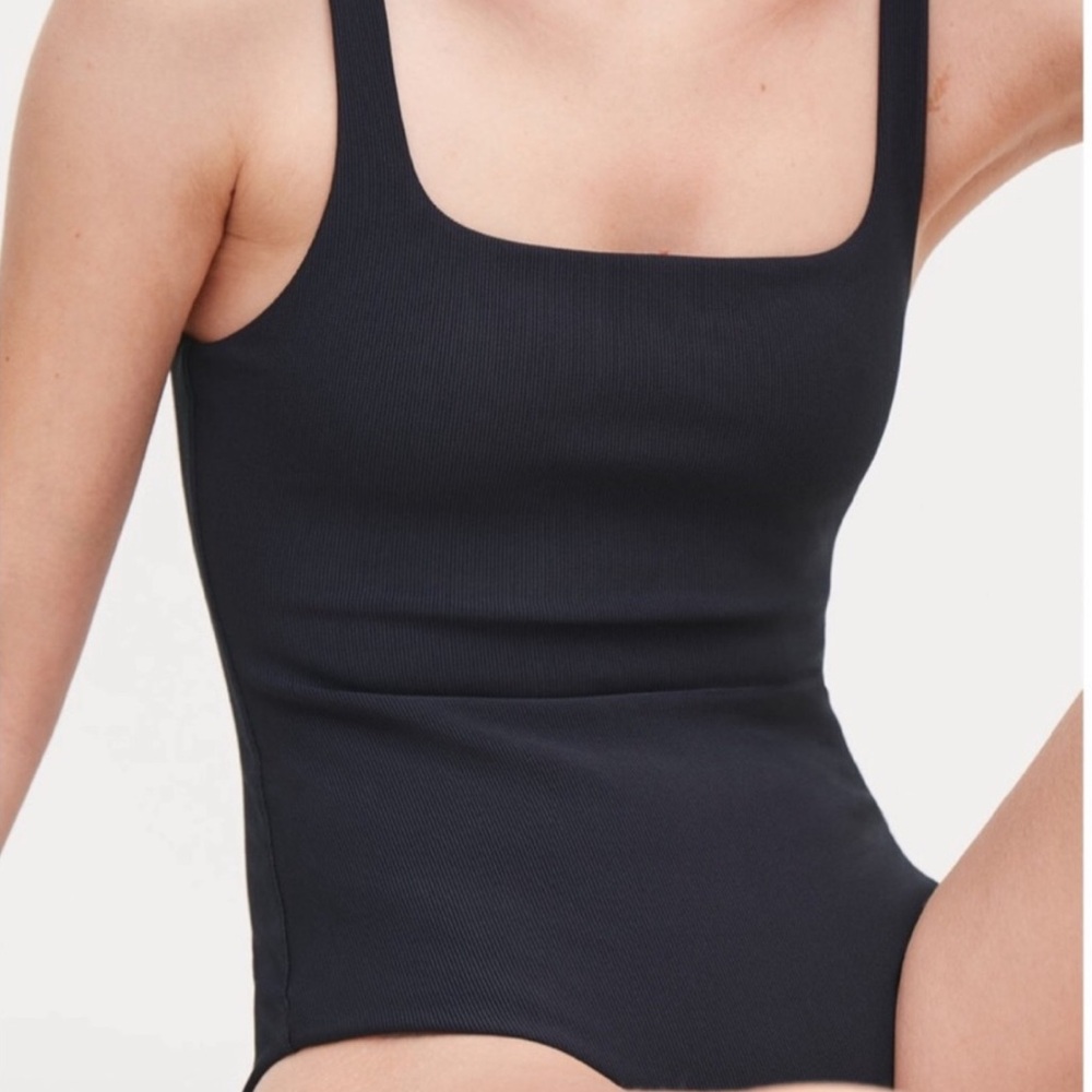 COS Black Ribbed Square-Neck One-Piece Swimsuit